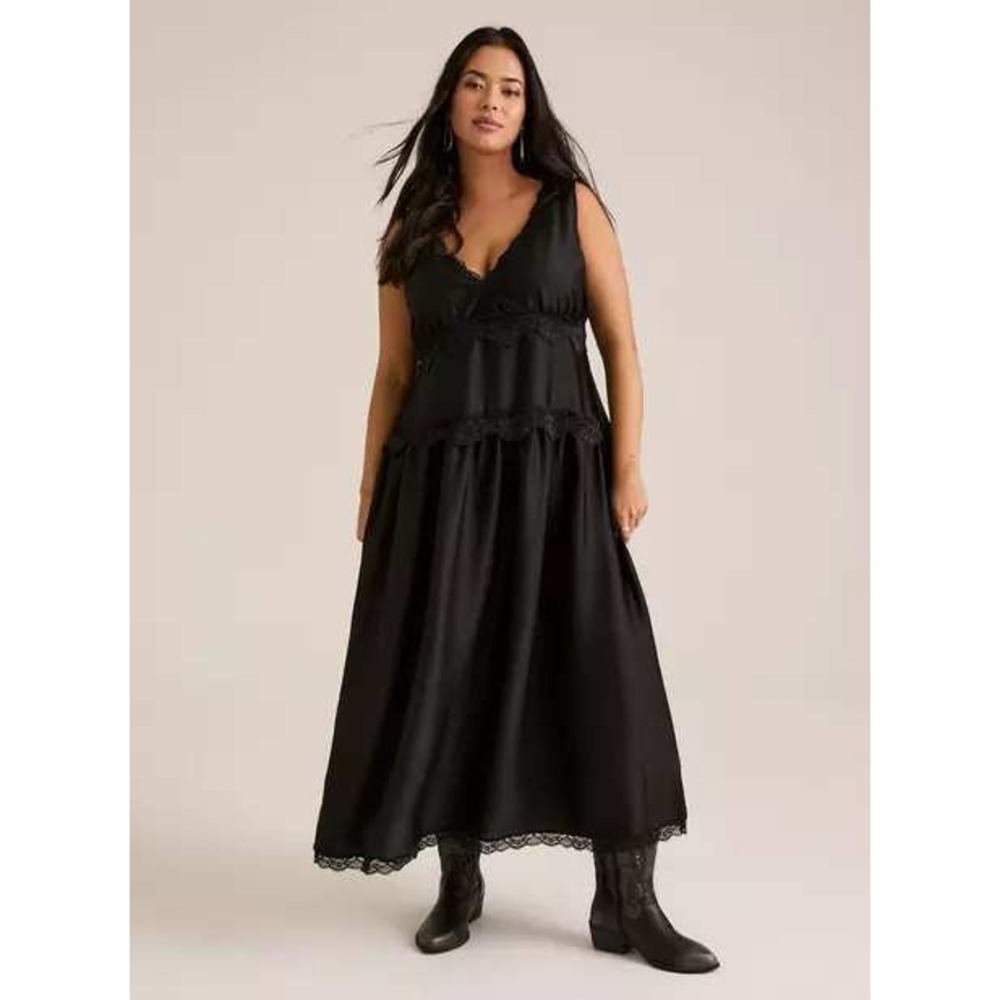 Torrid Festi+ Black Satin Lace Trim Drop Waist Maxi Dress NWT Size 1x